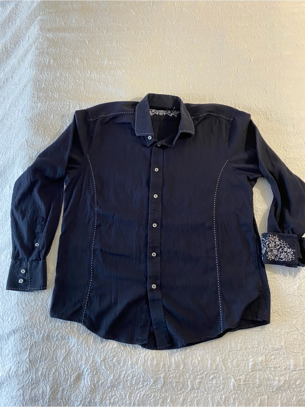 Men's Navy Long-Sleeve Button-Down Shirt with Contrast Stitching